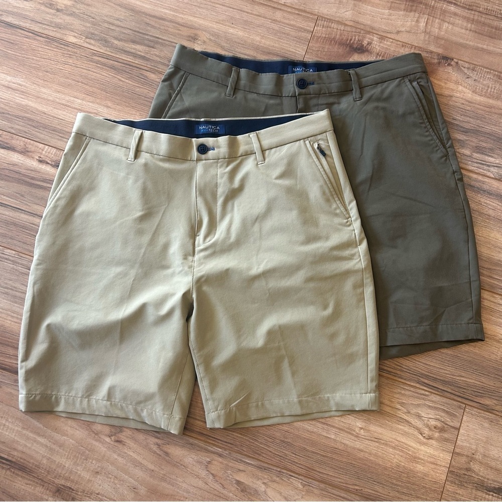 Nautica Men’s Navtech Shorts 34W Khaki Two Pairs 20.5” Like New